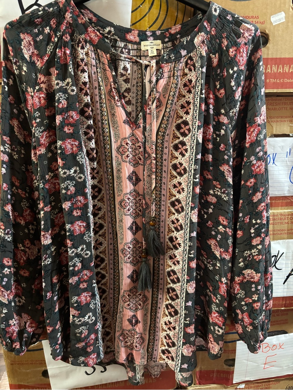 Mason & belle xl flowy gauze top tassles pink gray floral sheer hi low office